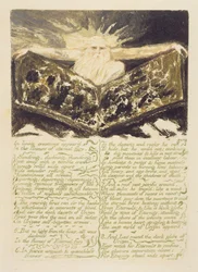 「生きている創造物が現れます...」、プレート1、「The First Book of Urizen」、1794（カラープリントレリーフエッチング、トイレ付き）